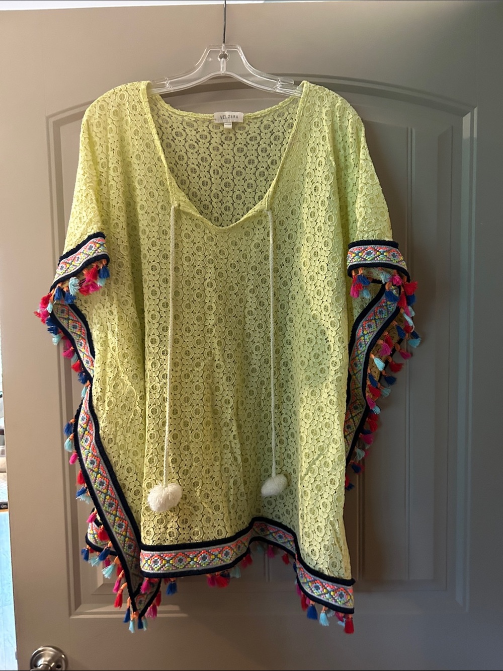 Eyelet Lace Pom-Pom Tunic Neon Yellow Cover Up
